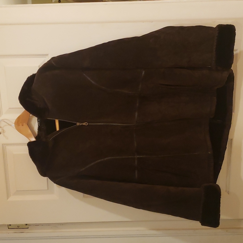 Women's Leather & Fur Brown Warm Coat Large zipper, J. Percy for Marvin Richards